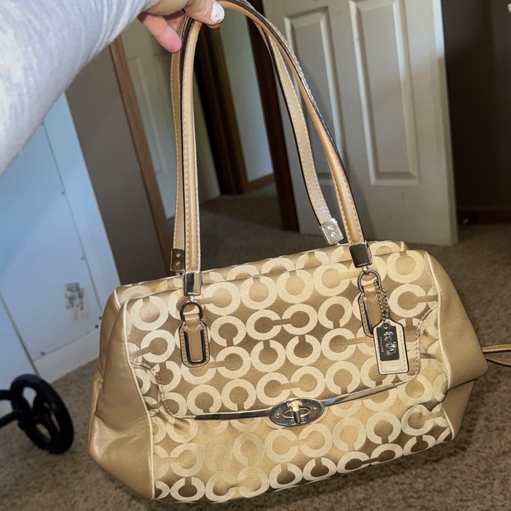 Coach Beige Signature Shoulder Bag with Leather Trim